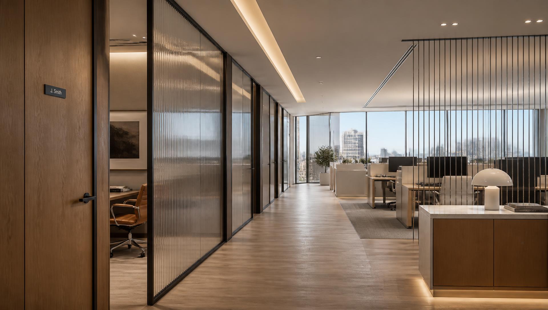 Glass-fronted private offices along the core