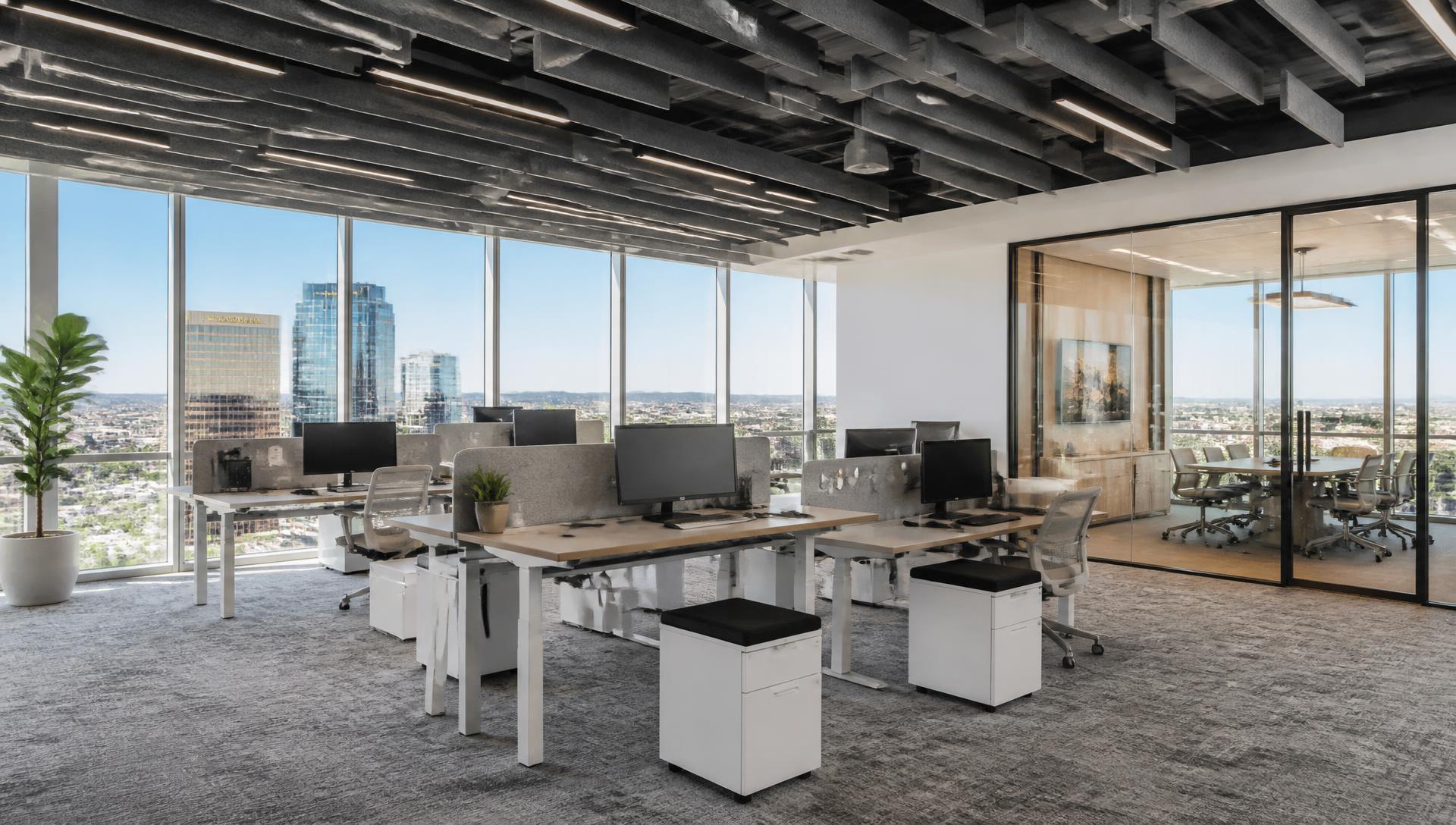Technology fit-out · sit-stand clusters and glass huddle rooms facing Century City