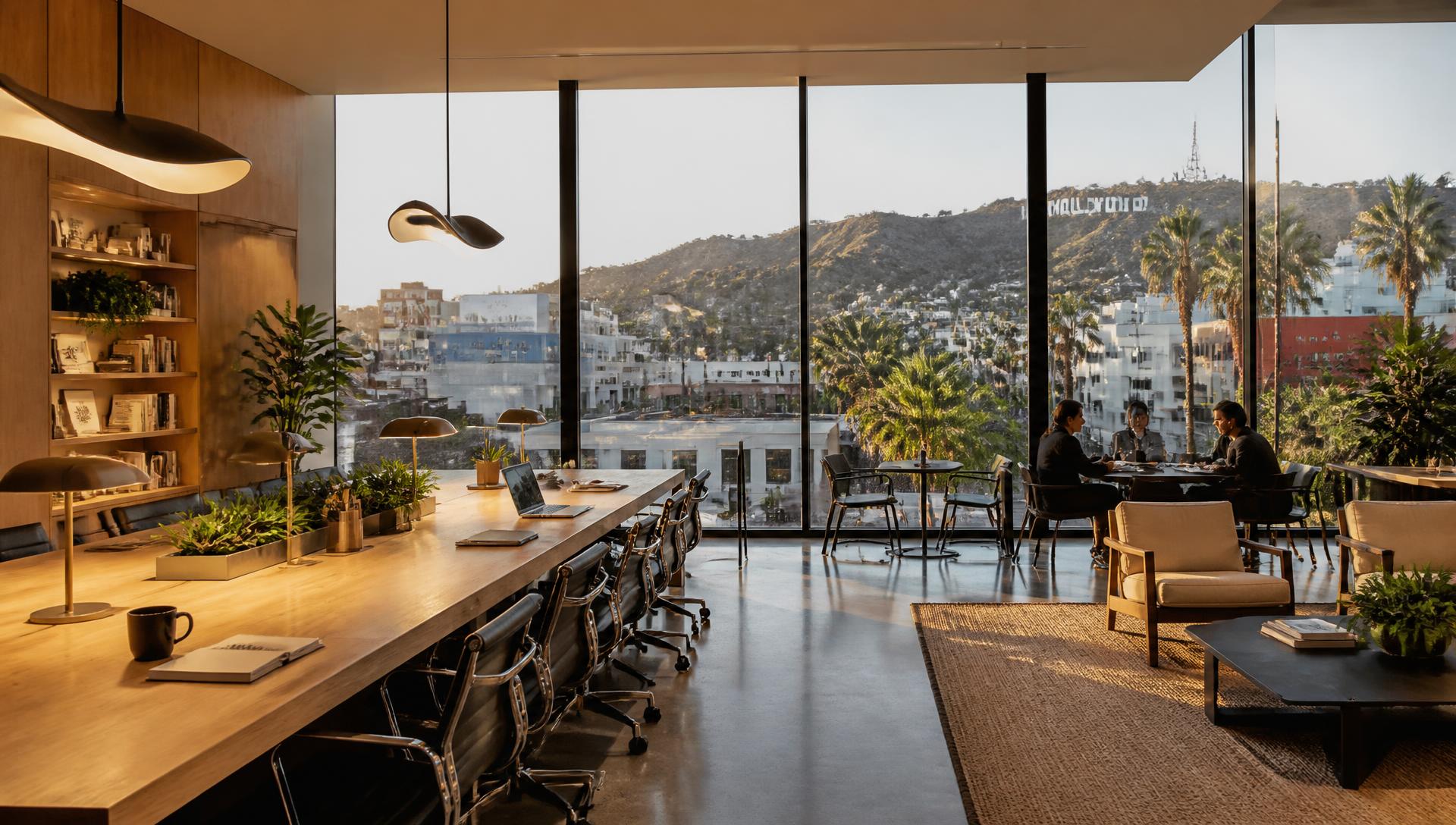 Creative agency build-out · oak communal table beneath the Hollywood Hills