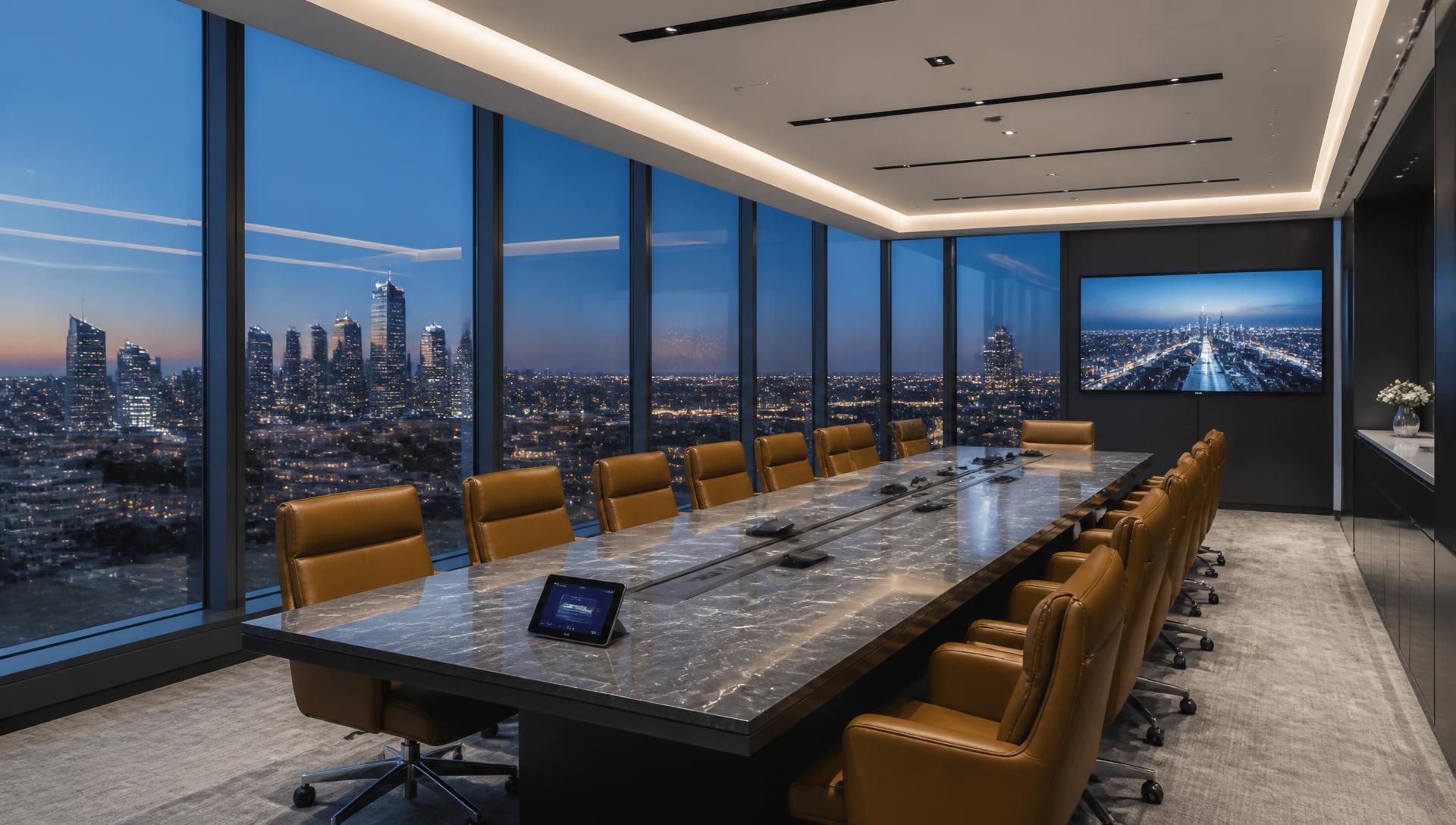 Corner boardroom for sixteen · Downtown and Century City at twilight