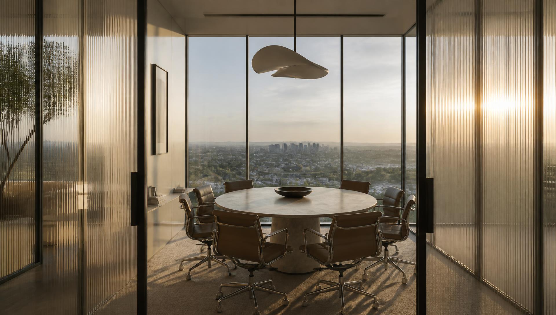 Six-person meeting room · fluted glass and the Westside to the Pacific