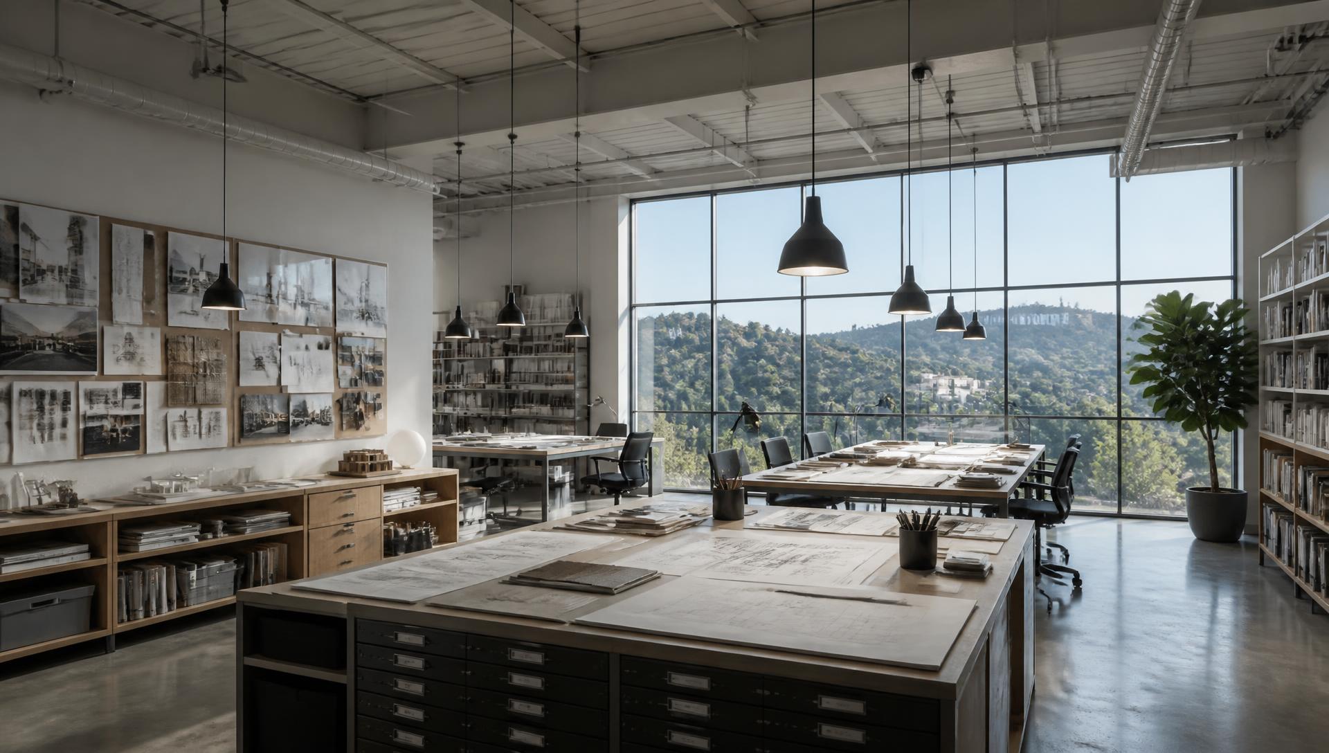 Design studio layout · material library and layout tables in north light