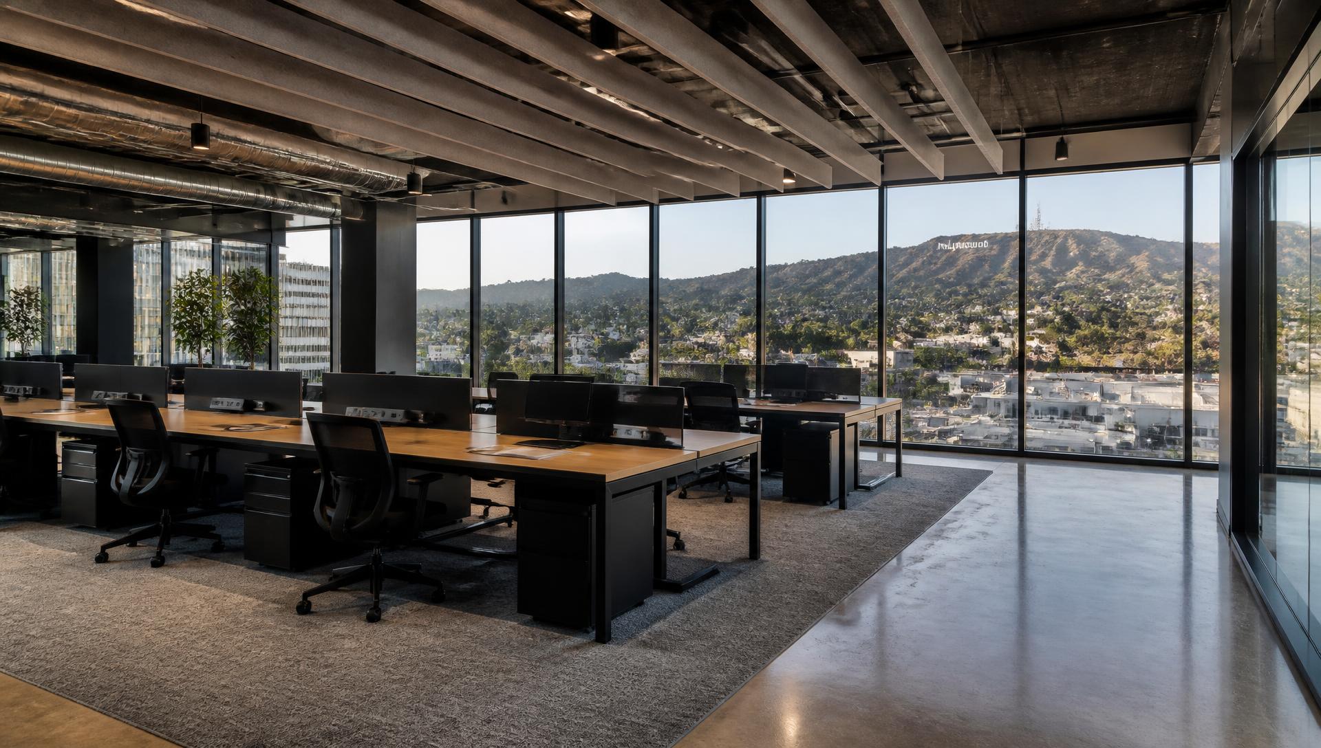 Open-plan floor plate · north light and Hollywood Hills views