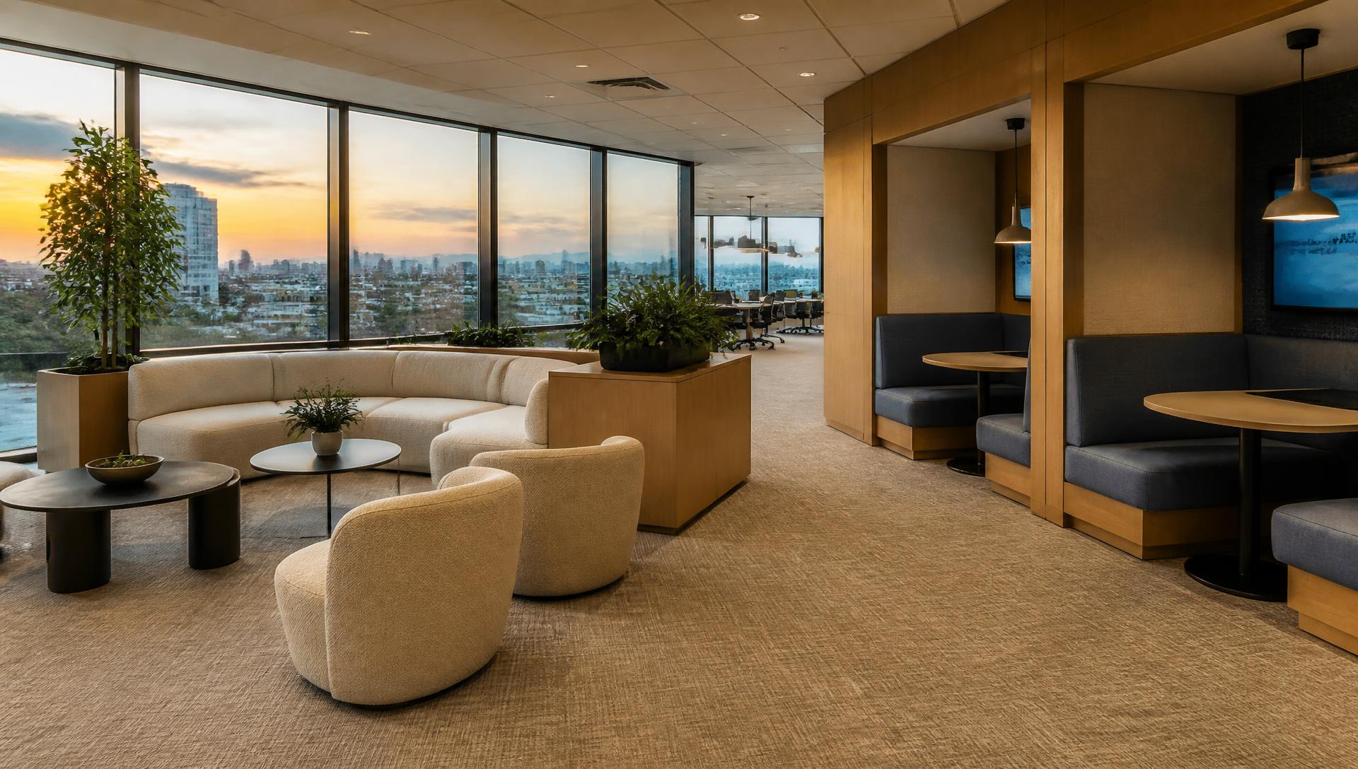 Collaboration lounge & huddle booths facing the westside sunset
