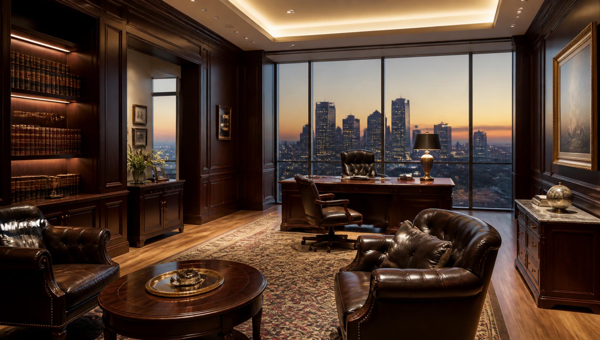Law firm partner suite · walnut paneling facing Downtown at dusk