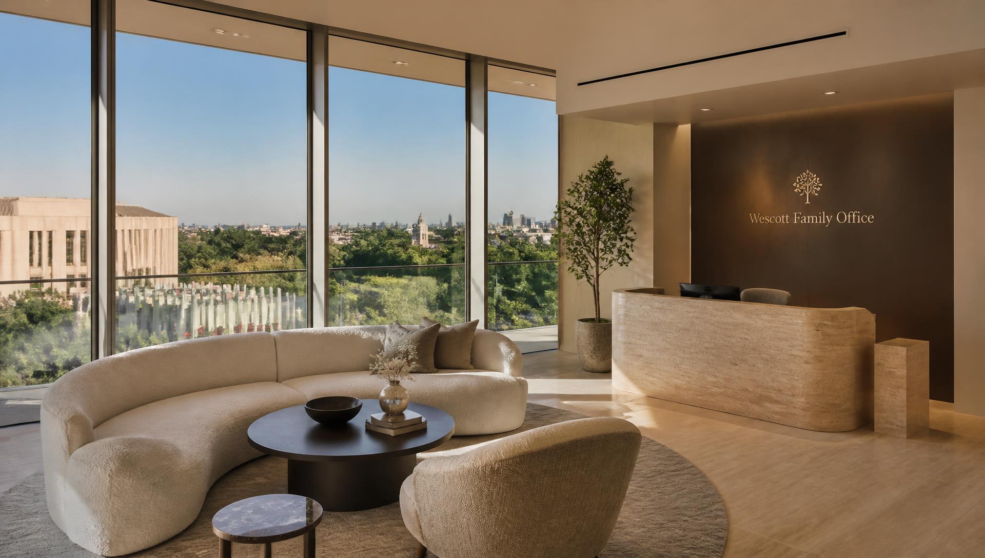 Private investment office reception · travertine and bouclé over Museum Row