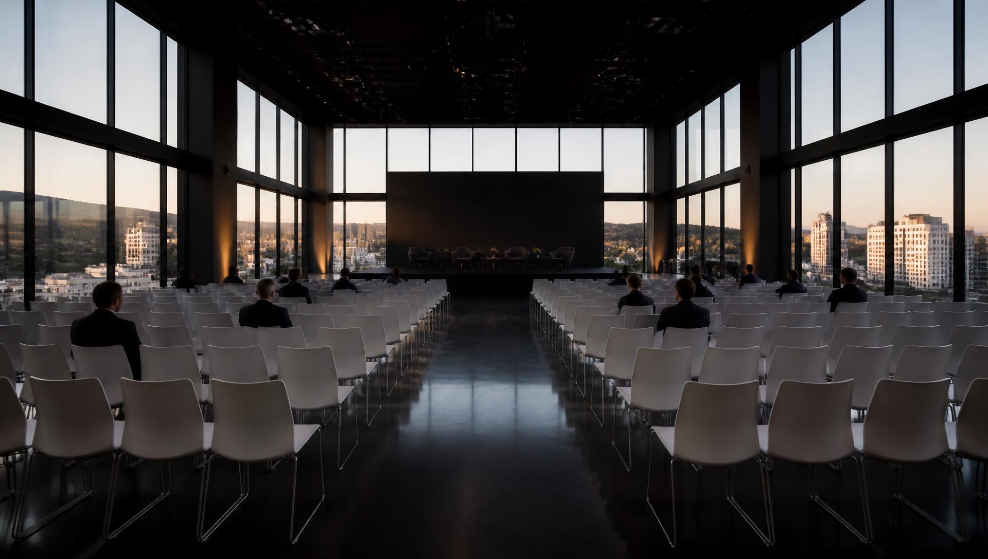 Town-hall setup · stage and seating facing Griffith Observatory