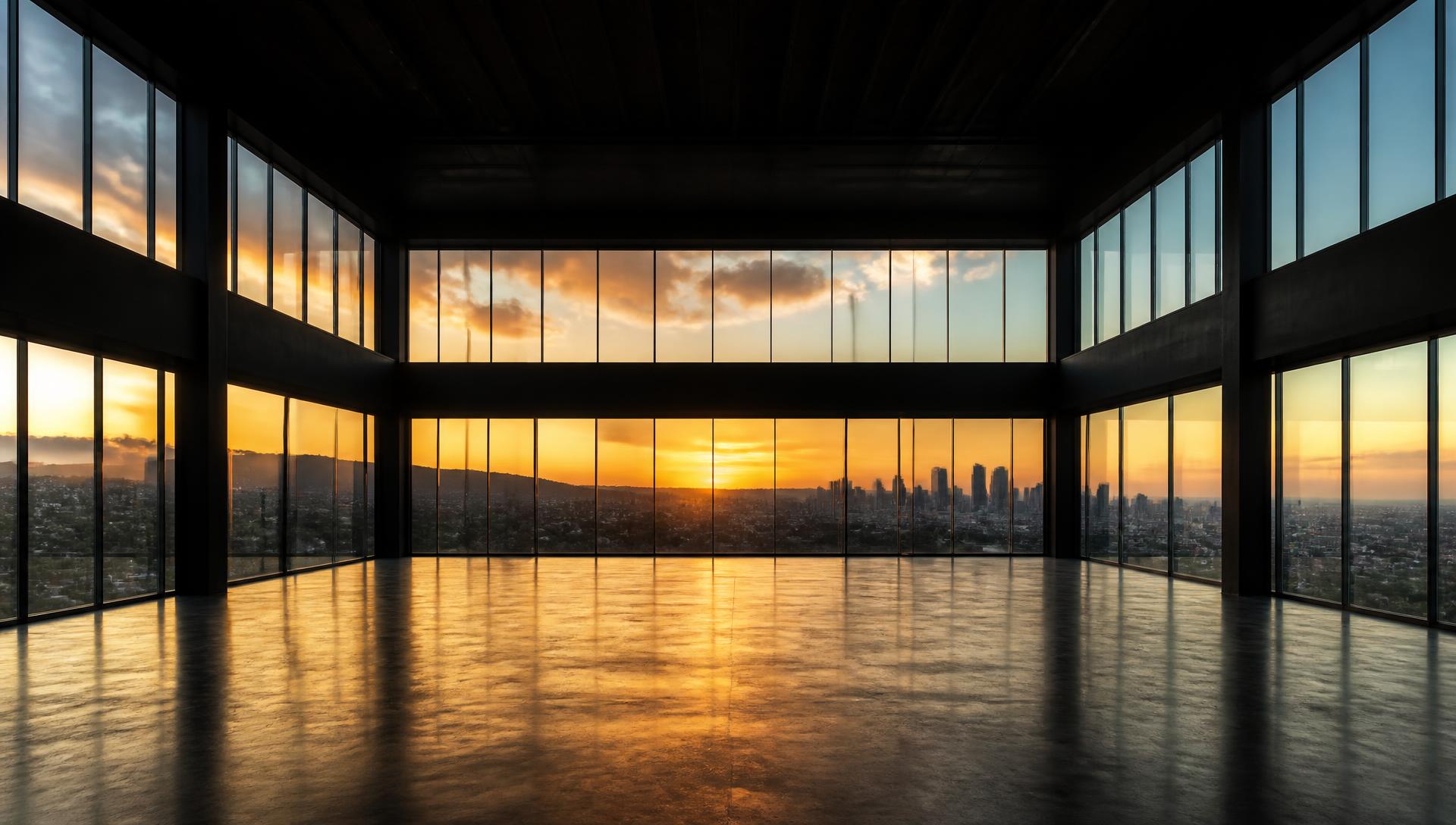 Black-box event hall · 24' ceilings and four-sided glass