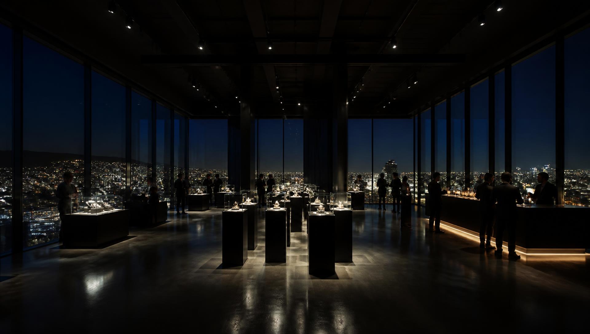 Product launch gallery · city lights at blue hour