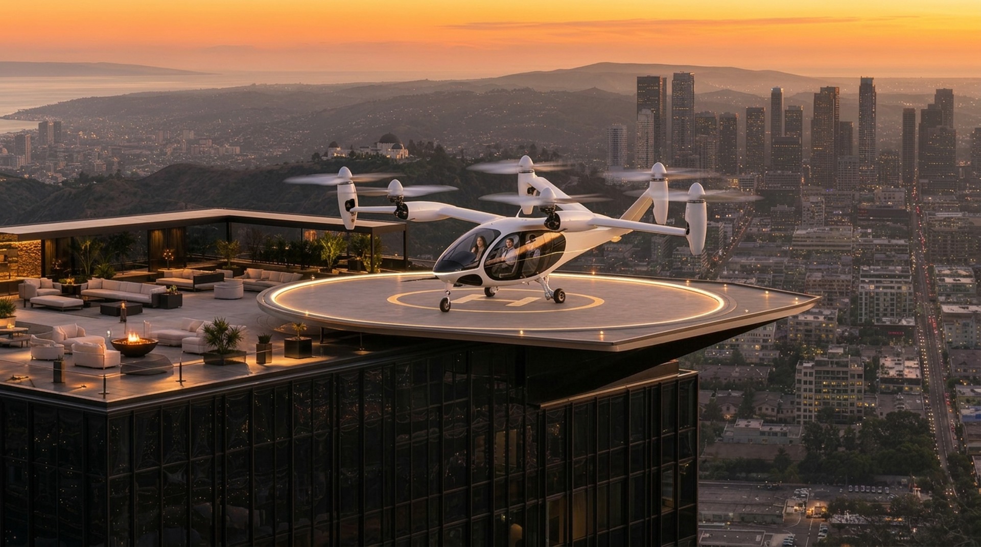 Joby Aviation eVTOL touching down · LAX in ten minutes flat